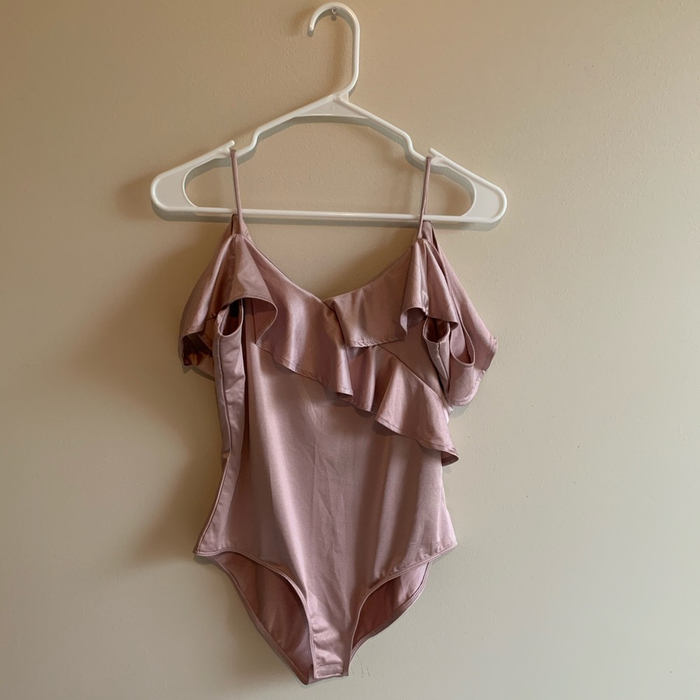 Pink satin off-the-shoulder bodysuit